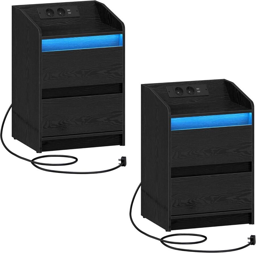 Sierra Nachtkastje Set van 2 met LED-Verlichting Nachtkastje met Oplaadstation en 2 Laden Nachtkastje met USB-Poorten & Stopcontact Nachtkastje voor Woonkamer en Slaapkamer Zwart