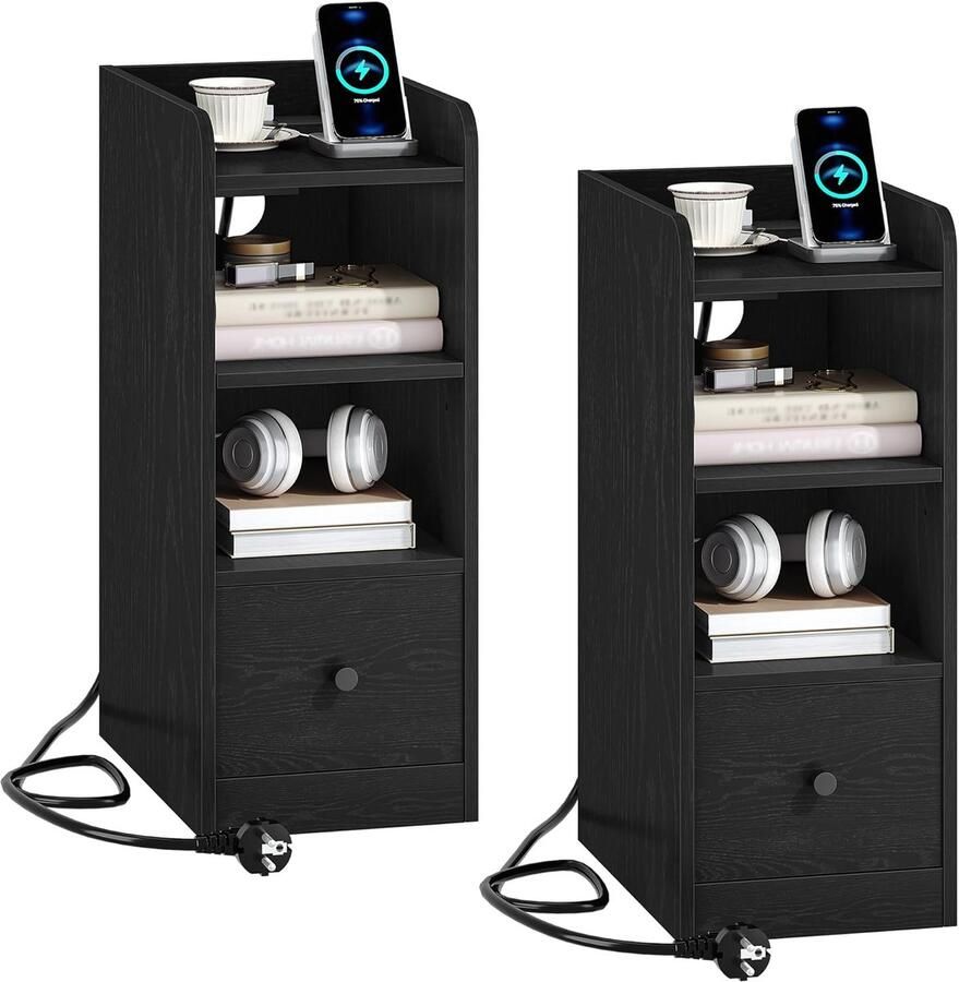 Sierra Nachtkastje Set van 2 met Oplaadstation USB & Type C Poort Smalle Eindtafel 3 Tiers Opbergruimte met 1 Lade Ruimtebesparend voor Slaapkamer Woonkamer Thuiskantoor Zwart