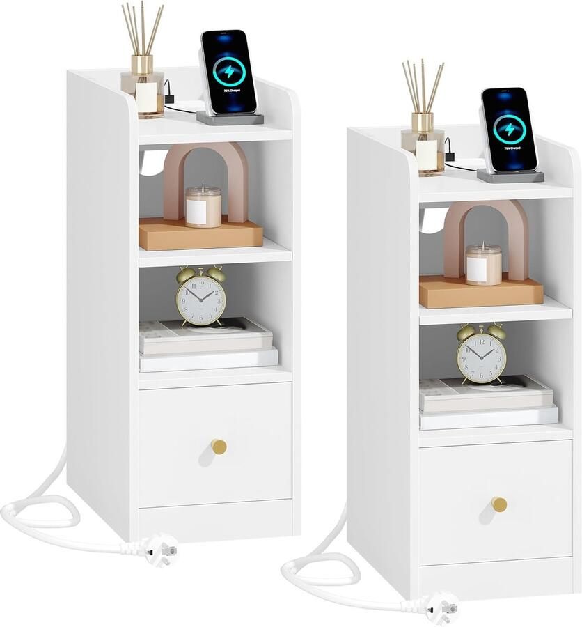 Sierra Nachtkastje Set van 2 met Oplaadstation USB & Type C Poort Smalle Eindtafel 3 Tiers Opbergruimte met 1 Lade Ruimtebesparend voor Slaapkamer Woonkamer Thuiskantoor Wit