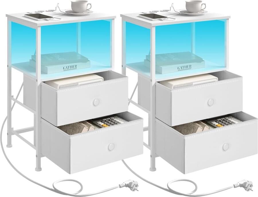 Sierra Nachtkastje set van 2 nachtkastje met oplaadfunctie led-verlichting laden bijzettafel wit salontafel MDF