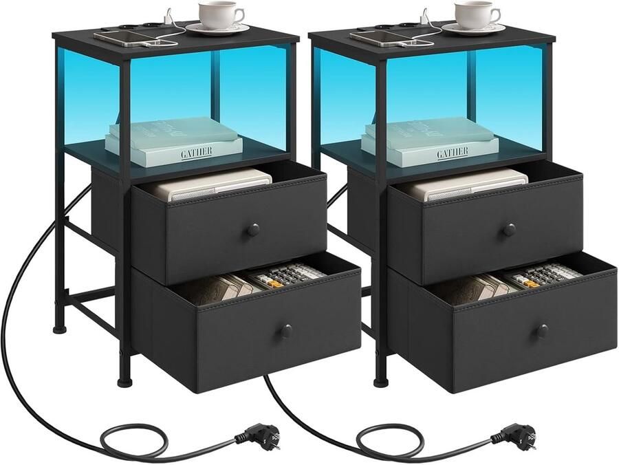 Sierra nachtkastje set van 2 nachtkastje met oplaadfunctie LED-verlichting laden bijzettafel zwart salontafel MDF