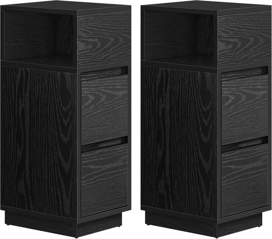 Sierra nachtkastje set van 2 smal bijzettafel met 2 laden open vak flexibel links of rechts te monteren voor slaapkamer woonkamer ebbenhout zwart