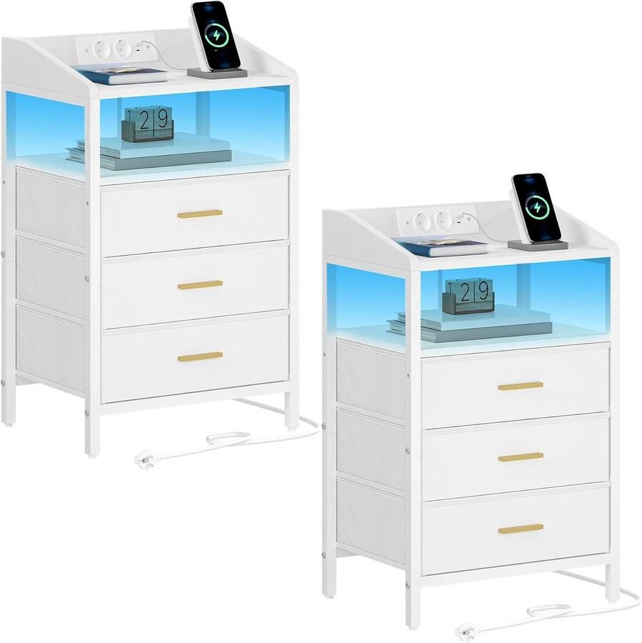 Sierra Nachtkastjes LED Licht en Oplaadstation Eindtafel met 3 Stoffen Opbergladen en Planken Bijzettafel met USB Poorten & Stopcontacten Nachtkastje voor Slaapkamer (Wit 2er Set)