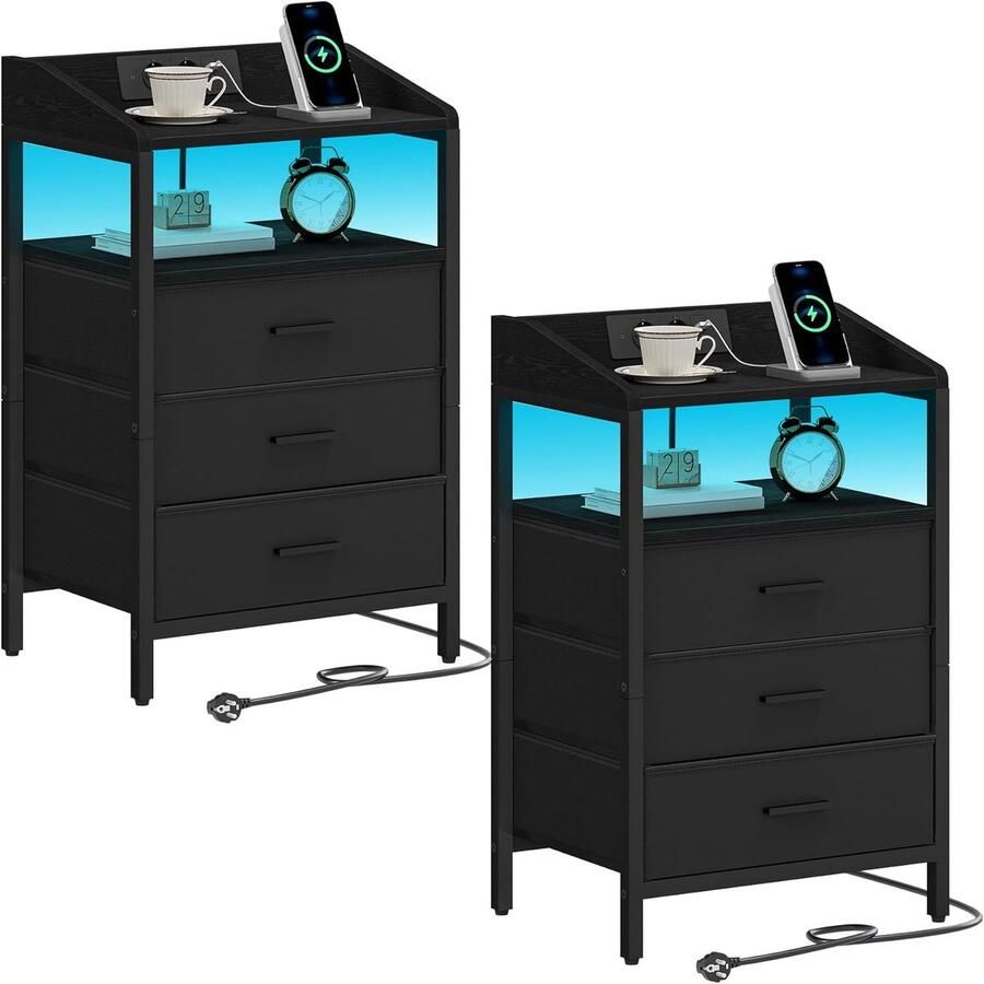 Sierra Nachtkastjes LED Licht en Oplaadstation Eindtafel met 3 Stoffen Opbergladen en Planken Bijzettafel met USB Poorten & Stopcontacten Nachtkastje voor Slaapkamer (Zwart 2er Set)