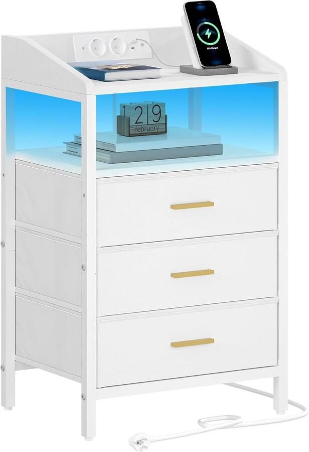 Sierra Nachtkastjes LED Licht en Oplaadstation Eindtafel met 3 Stoffen Opbergladen en Planken Bijzettafel met USB Poorten & Stopcontacten Nachtkastje voor Slaapkamer (Wit 1er Set)