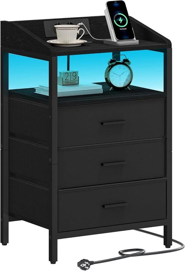 Sierra Nachtkastjes LED Licht en Oplaadstation Eindtafel met 3 Stoffen Opbergladen en Planken Bijzettafel met USB Poorten & Stopcontacten Nachtkastje voor Slaapkamer (Zwart 1er Set)