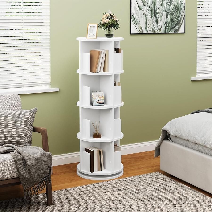 Sierra Roterende boekenkast hoekboekenkast 4 niveaus 16 vakken vrijstaande witte boekenkast voor woonkamer slaapkamer kantoor studeerkamer draaibare houten boekenplank wit