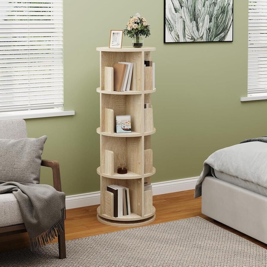 Sierra Roterende boekenkast hoekboekenkast 4 niveaus 16 vakken vrijstaande witte boekenkast voor woonkamer slaapkamer kantoor studeerkamer draaibare houten boekenplank licht eiken