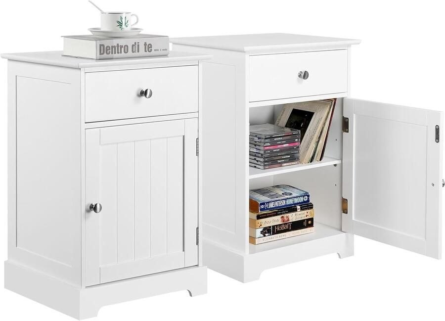 Sierra Set van 2 nachtkastjes nachtkastje met lade bijzettafel met verstelbare legplank salontafel met veel opbergruimte boxspringbed slaapkamer woonkamer wit