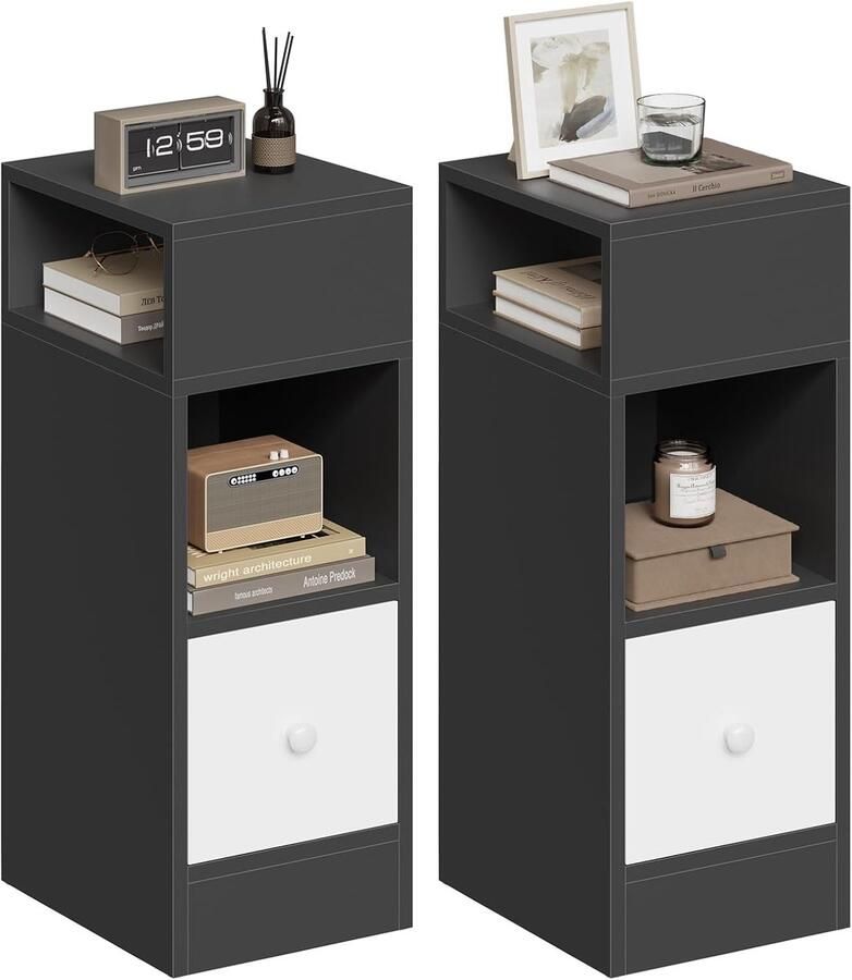 Sierra Set van 2 smal nachtkastje met 2 vakken en lade nachtkastje 25 x 30 x 66 cm ruimtebesparend meubelstuk voor slaapkamer woonkamer van spaanplaat eiken