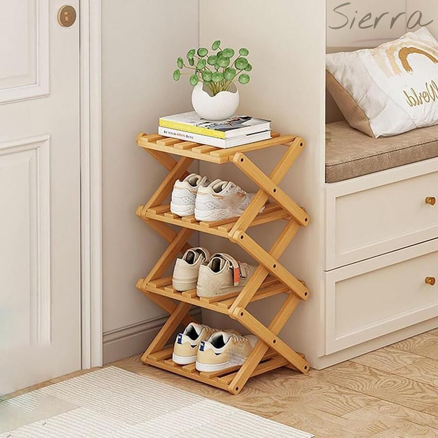 Sierra Verticaal schoenenrek klein 4-laags draagbaar opvouwbaar schoenenrek zonder installatie vrijstaand schoenenrek voor gangen slaapkamers woonkamer hoek en kleine ruimtes (4 lagen)