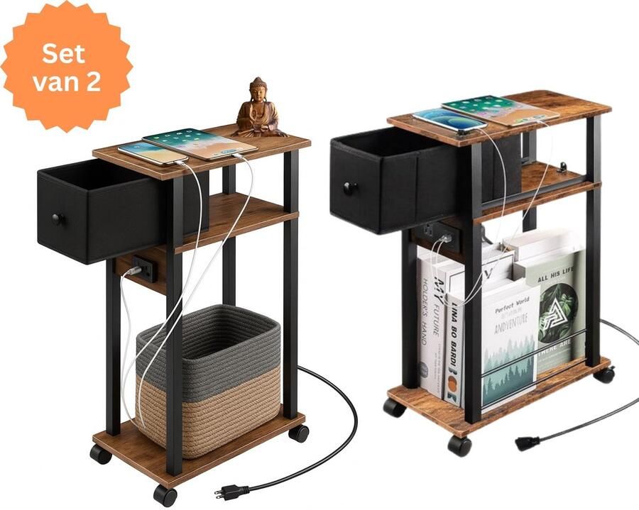 Signature Home Aarhus Bijzettafel Nachtkastje Set van 2 met laadstation Lectuurbak Lectuurtafel op wieltjes met lade banktafel voor slaapkamer woonkamer bruin en zwart 40x20x57 cm