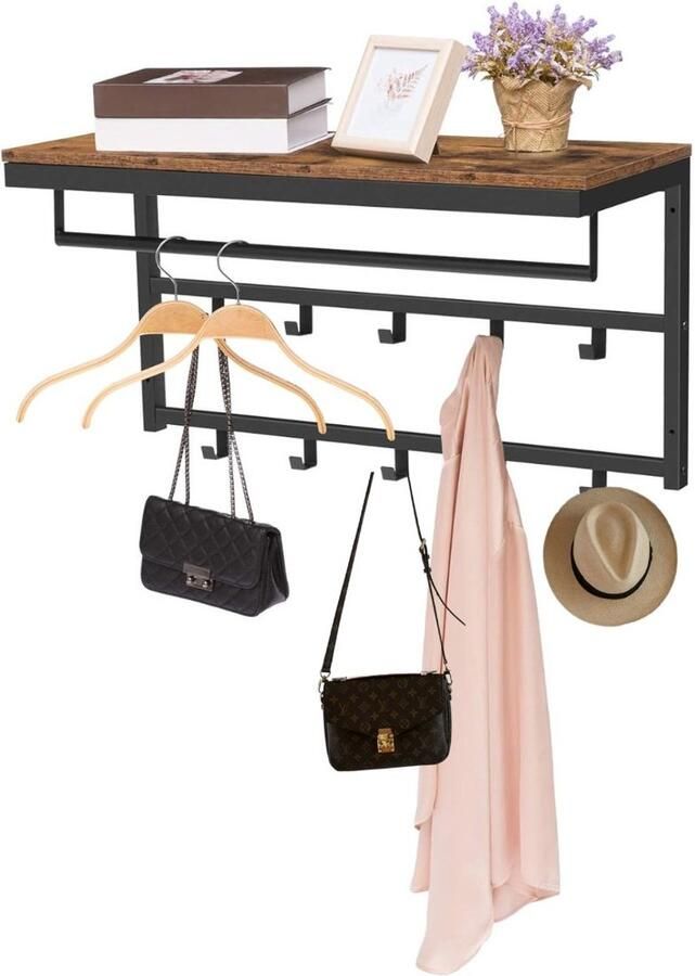 Signature Home Alabama kapstok Wandkapstok 78cm Wandkapstok met plank Wandplank met 10 haken en stangen Hangplank Industriële Bruin Zwart 78x30x42cm