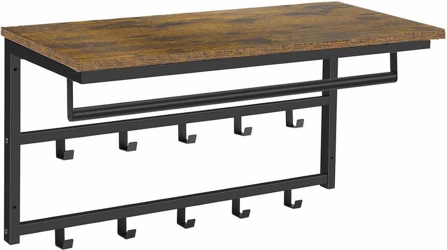 Signature Home Alabama kapstok Wandkapstok 78cm Wandkapstok met plank Wandplank met 10 haken en stangen Hangplank Industriële Bruin Zwart 78x30x42cm - Foto 2