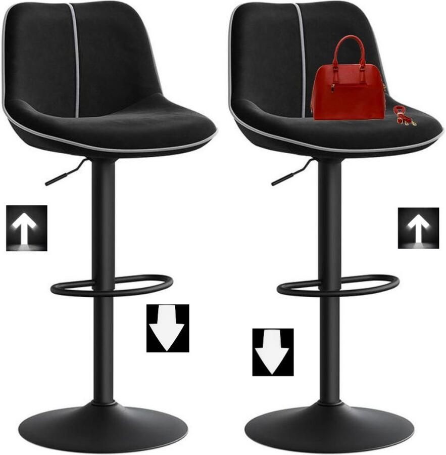 Signature Home Barkrukken Set van 2 Barstoelen In hoogte verstelbare- draaibare keukenkrukken met ergonomische -rugleuning Fluweel voor keukeneiland Home Bar Modern Black
