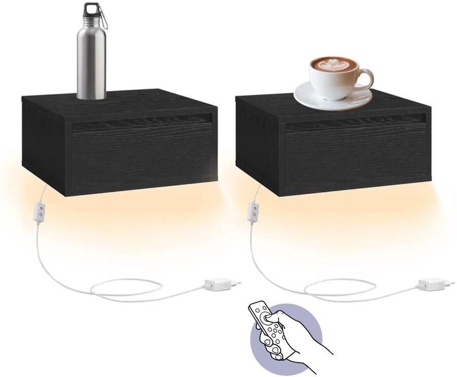 Signature Home Bastia Nachtkastje Hangend Nachtkastje Set van 2 Bijzettafel met Lamp 3 Kleuren Zwevende Wandplank Lade Modern hout Zwart 35 x 40 x 18 cm