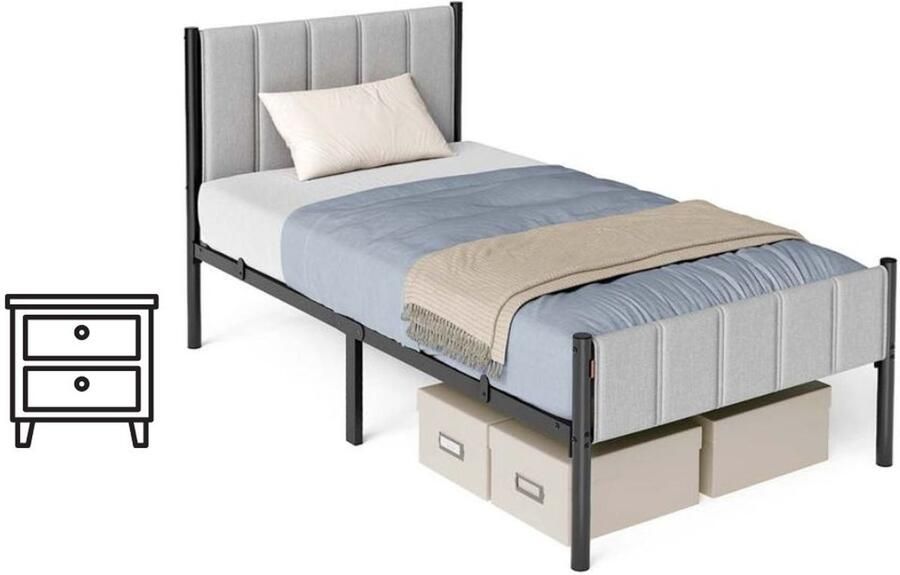 Signature Home bedframe met gestoffeerd hoofdeinde Stalen bedframe Ondersteunt tot 250 kg Zwart Grjs 90 x 200 cm