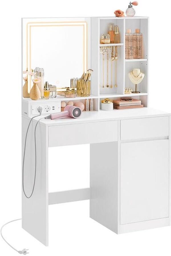 Signature Home Belaa Kaptafel met spiegel en licht make-uptafel met lade verstelbare planken Met stopcontact wit