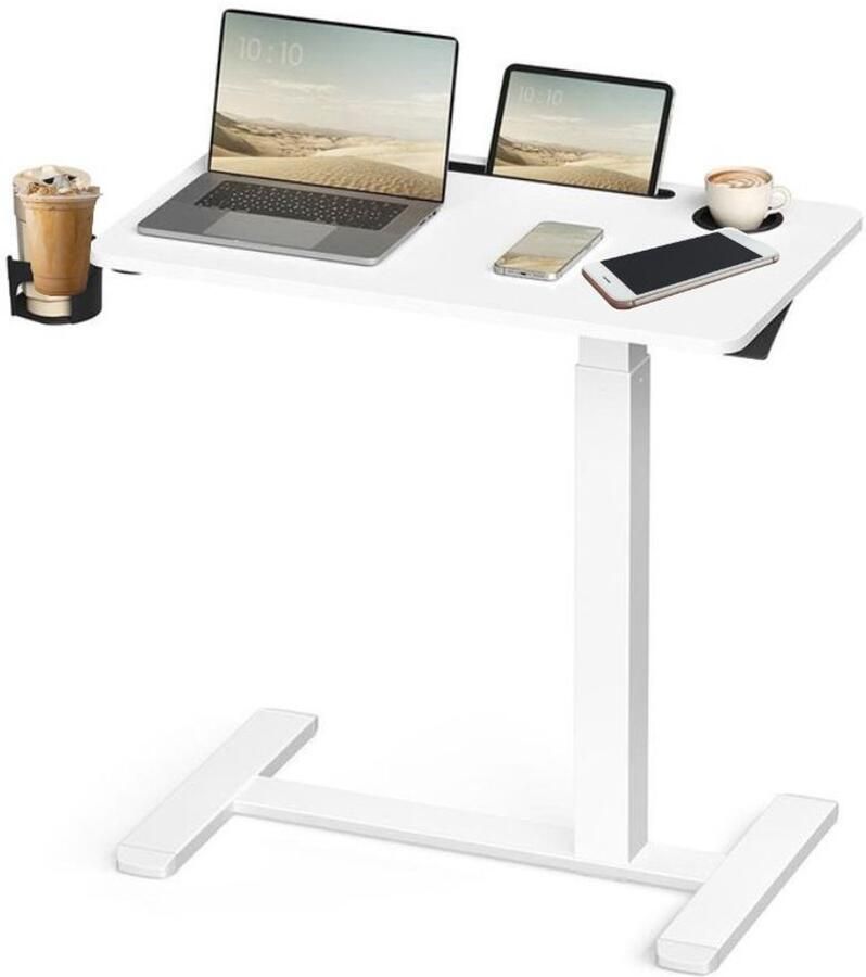 Signature Home Bijzettafel met wielen mobiele Laptoptafel tafelblad 70 x 40 cm verstelbare hoogte 2 bekerhouders gleuf voor mobiele telefoon of tablet wit