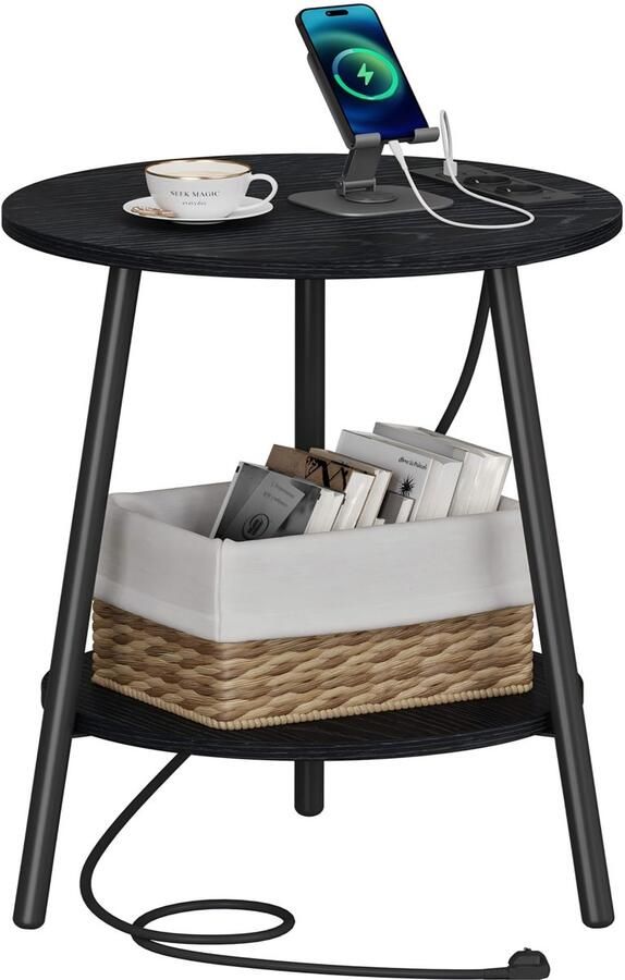 Signature Home Bijzettafel Rond met Laadstation – Nachtkastje Banktafel Bijzettafel woonkamer Koffietafel – Zwart – 40 × 40 × 50 cm