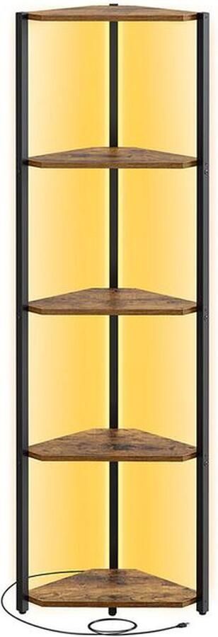 Signature Home boekenkast 5-laags hoekrek kast met verstelbare LED-verlichting Kast met stalen frame voor woonkamer slaapkamer studeerkamer bruin