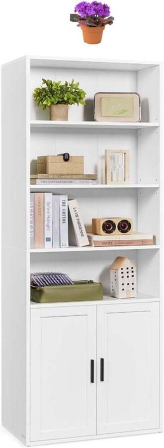 Signature Home boekenkast hoge boekenkast plank met 6 niveaus vrijstaande plank met deuren Kast voor woonkamer thuiskantoor eetkamer White 24 x 60 x 175 cm
