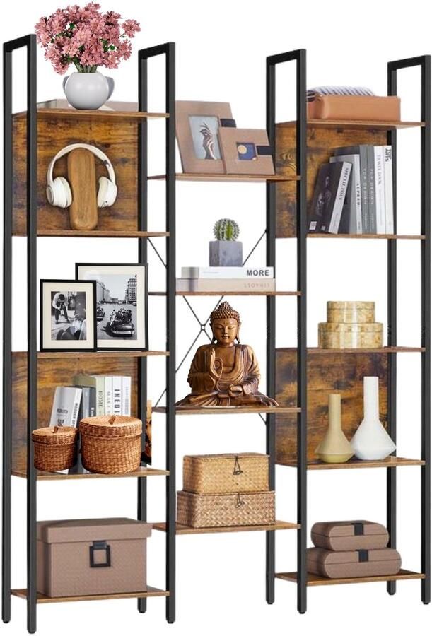 Signature Home Boekenkast met 14 lagen Dressoir metalen frame Kast industrieel bruin zwart 24 x 128 x 166 cm