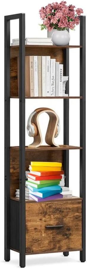 Signature Home Boekenkast met 5 lagen hoekkast met lade industrieel kast stalen frame voor woonkamer thuiskantoor slaapkamer bruin zwart 24 x 40 x 165 cm