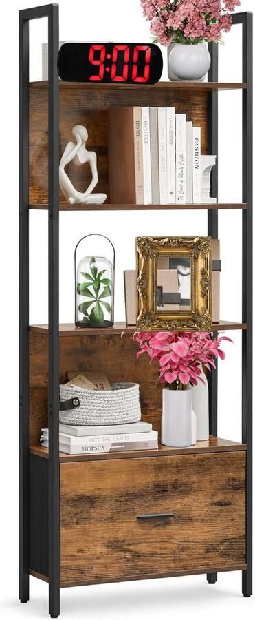 Signature Home Boekenkast met 5 niveaus hoekplank met lade ladderplank industrieel Boekenkast met stalen frame Vintage Bruin en Zwart 24 x 60 x 165 cm