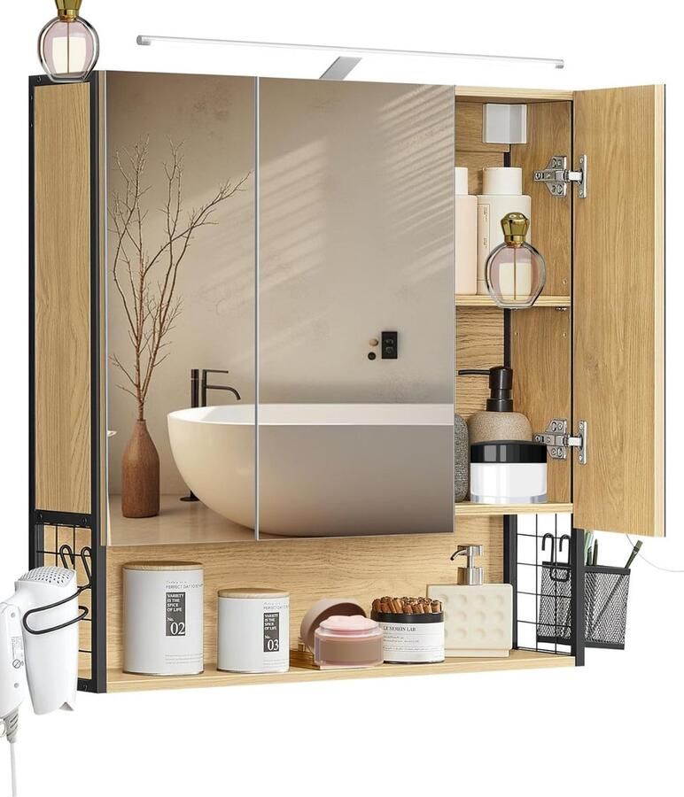 Signature Home Cairo Badkamerkast Spiegelkast met LED-verlichting Medicijnkast met stekker Houder voor föhn Kast Natuurlijk eikenhout