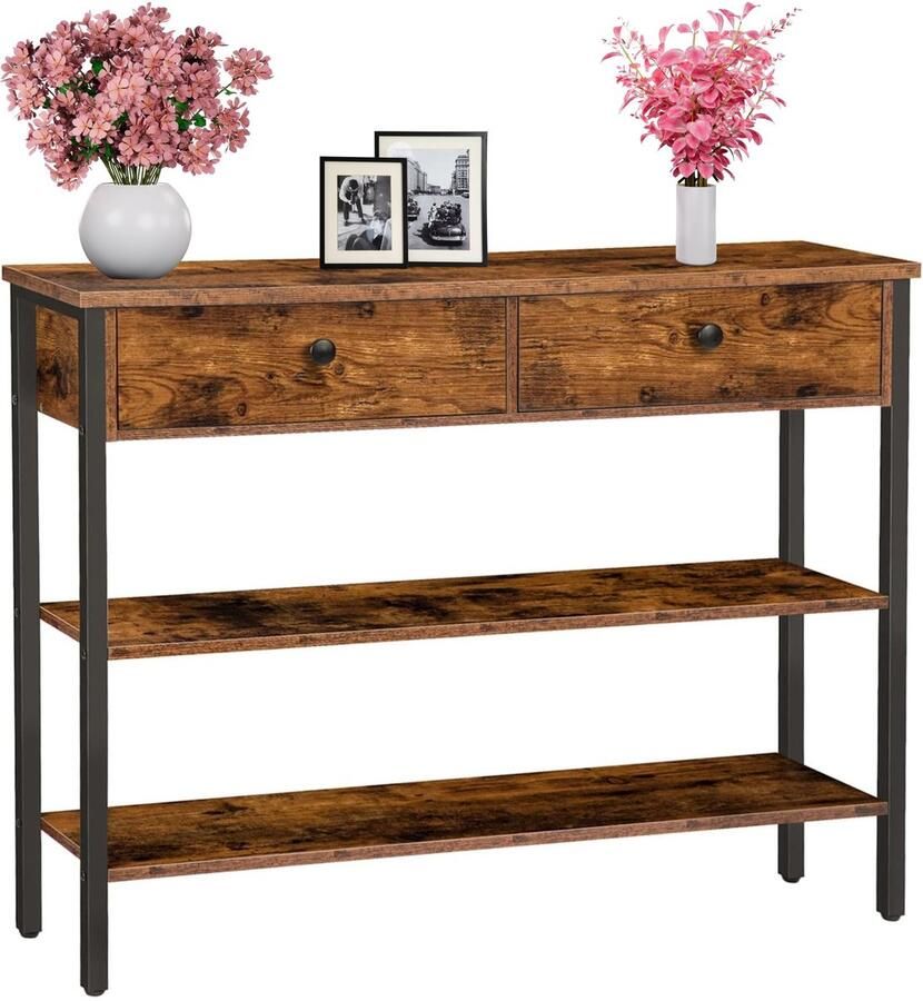 Signature Home Console consoletafel Haltafel met 2 lades bijzettafel met 2 niveaus banktafel met stabiel frame industriële stijl rustiek bruin 100cm