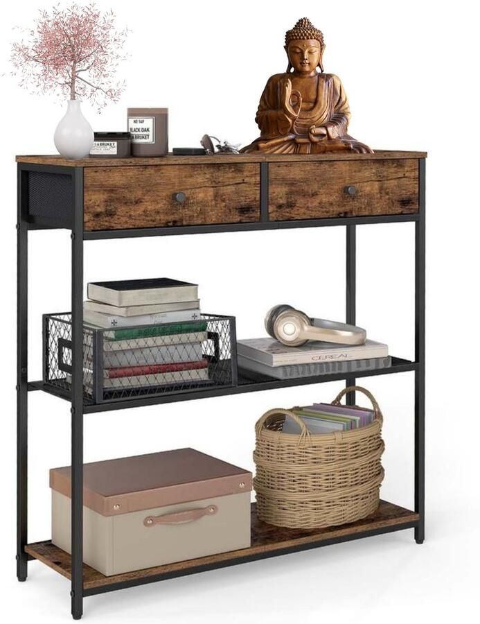 Signature Home consoletafel bijzettafel met 2 stoffen lades haltafel console tafel bruin zwart 24 x 76 x 80 cm