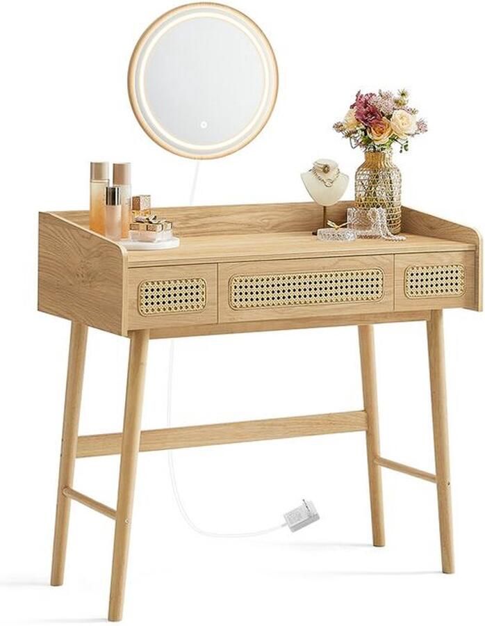 Signature Home Dijon Kaptafel met kruk Make-up tafel met verlichting voor slaapkamer voor slaapkamer beige eiken en crèmewit