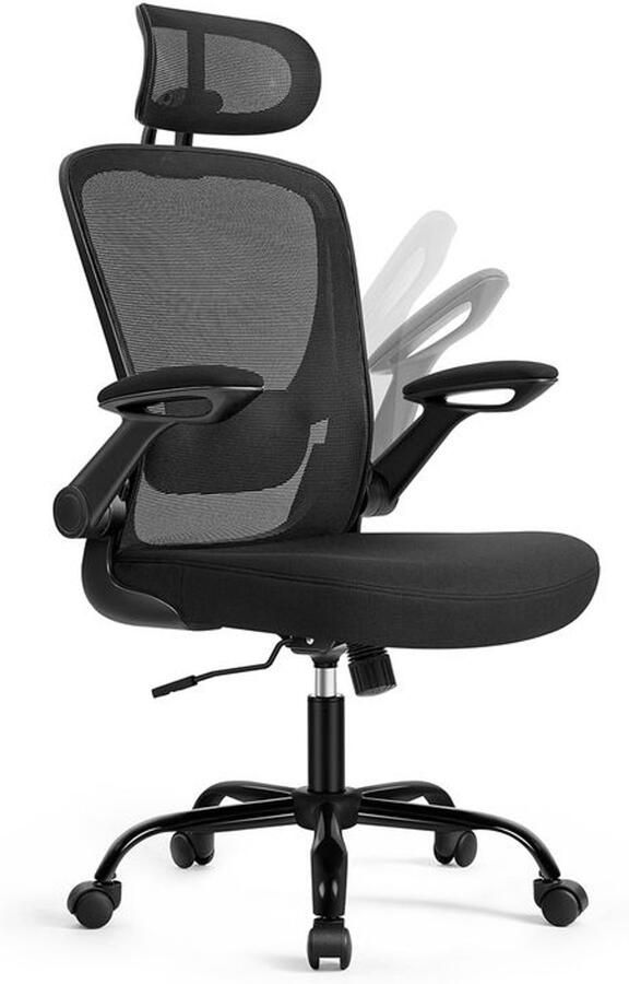 Signature Home Ergonomische bureaustoel draaistoel bureaustoel met gaas gewatteerde lendensteun schommelfunctie zitting van 53 cm opklapbare armleuningen hoofdsteun Zwart