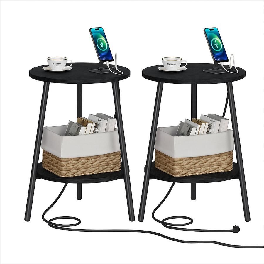 Signature Home Fiji Nachtkastje Set van 2 Bijzettafel Rond met laadstation ronde salontafel met 2 niveaus banktafel Zwart 40D x 40B x 50H cm - Foto 2