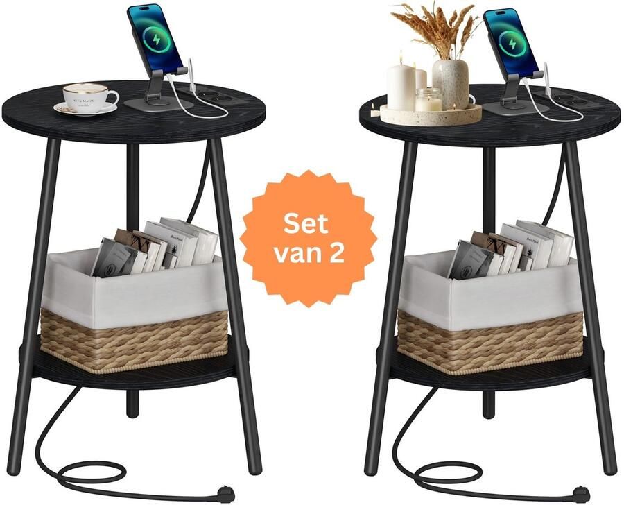 Signature Home Fiji Nachtkastje Set van 2 Bijzettafel Rond met laadstation ronde salontafel met 2 niveaus banktafel Zwart 40D x 40B x 50H cm