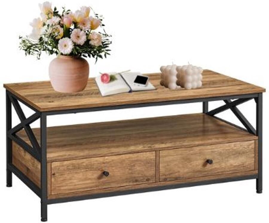 Signature Home Fiji Salontafel woonkamertafel banktafel voor woonkamer Salontafel met lades X-Struts open vak industrieel walnootbruin zwart 100 x 56 x 45.5 cm