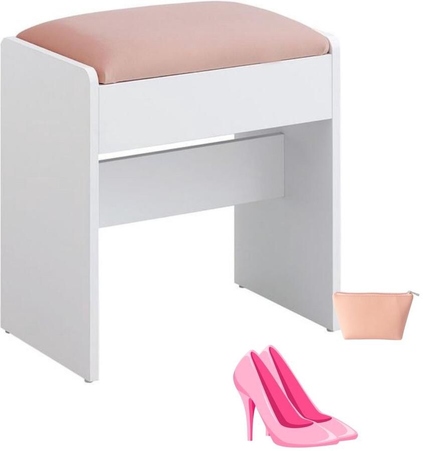 Signature Home Florida Kaptafel Kruk Gewatteerde Fluwelen Make-up Krukje stoel met Antislip Voetkussentjes Wit roze