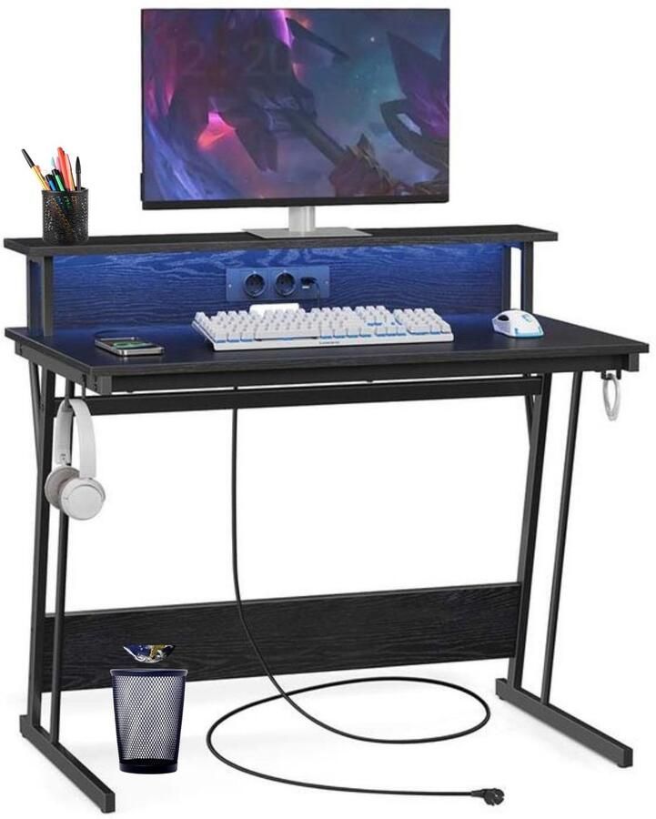 Signature Home Gaming Tafel met LED Bureau met stopcontactvoor Bureau met LED zwart -55 x 135 x 76 cm