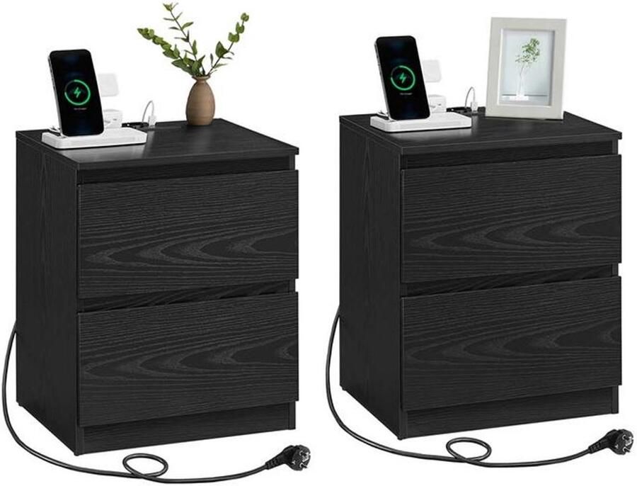 Signature Home Hamilton Nachtkastje met Oplaadstation bijzettafel set van 2 lades 2 stopcontacten 2 USB-A-poorten woonkamer slaapkamer zwart