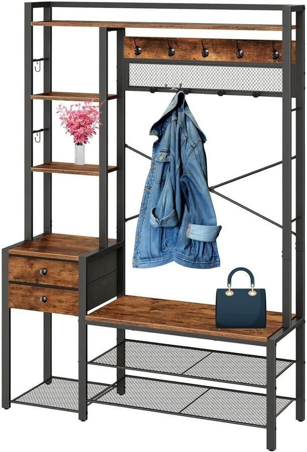 Signature Home Kapstok met schoenenbank Garderoberek 16 haken kledingrek entreemeubel met laden van vliesstof garderobe met zitbank voor woonkamer hal bruin zwart 40 x 106 x 180