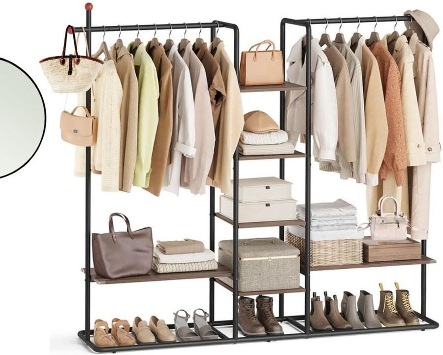 Signature Home Kapstok Open Garderobekast Kledingrek 6 Planken 2 Kledingroedes Lucifervormige Haken voor Slaapkamer Natuurlijke Walnoot-Inkt Zwart