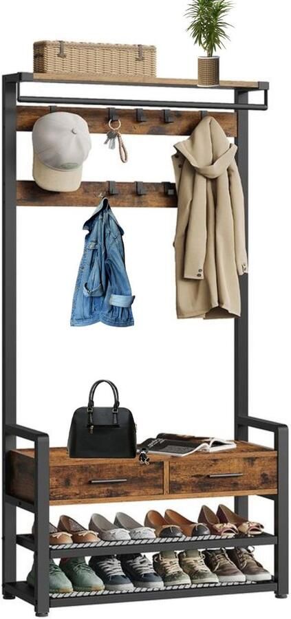 Signature Home Karako Kapstok met schoenenbank Garderoberek 10 haken kledingrek schoenenrek met 2 stoffen lades 6 zijhaken bruin inktzwart 30 x 80 4 x 182