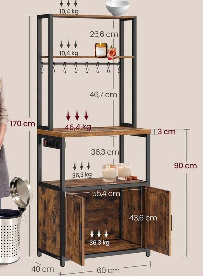 Signature Home Keukenkast Keukenrek staande Keukenkast met stopcontacten Kast werkblad 90 cm hoog met 8 haken bruin inktzwart 40 x 60 x 170 cm