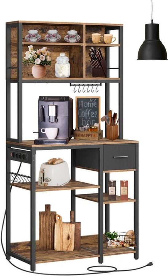 Signature Home Keukenkast met stopcontacten staande Keukenrek magnetronrek verstelbare planken stoffen lade 12 haken Bruin Zwart