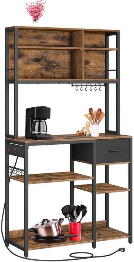 Signature Home Keukenkast met stopcontacten staande Keukenrek magnetronrek verstelbare planken stoffen lade 12 haken Bruin Zwart 40 x 80 x 180.4 cm