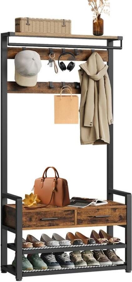 Signature Home kinsky Kapstok met schoenenbank Garderoberek 10 haken kledingrek schoenenrek met 2 stoffen lades Industrieel 6 zijhaken bruin inktzwart