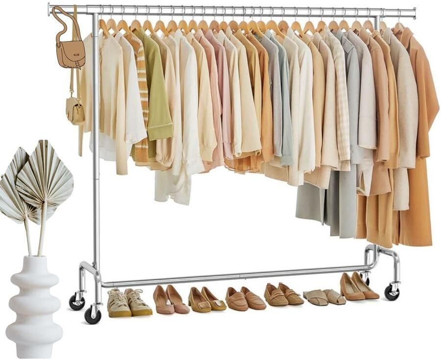 Signature Home Kledingrek op wielen Zware Kledingrek Garderoberek Zware uitvoering Uitschuifbare kledingstang Draagvermogen tot 110 kg Metaal Zilver 160-200cm