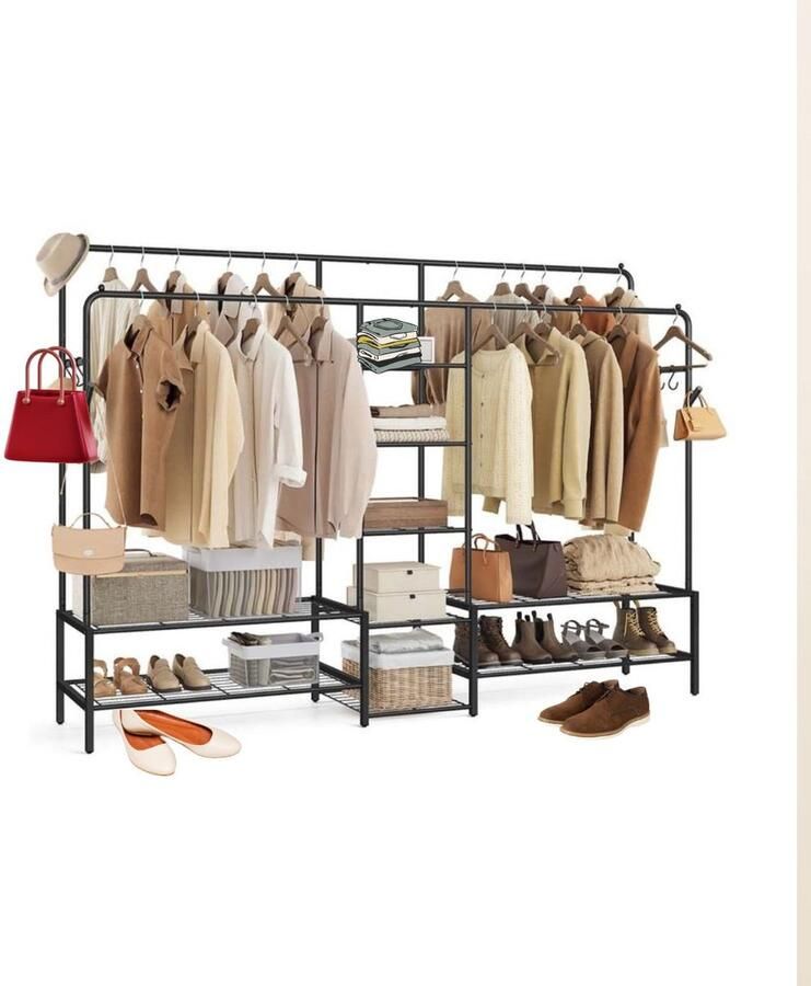 Signature Home Koko Kledingkast open kledingrek garderobekast met 9 planken Kast metalen frame kledingstang voor slaapkamer woonkamer hal zwart 45 x 195 x 172 8 cm