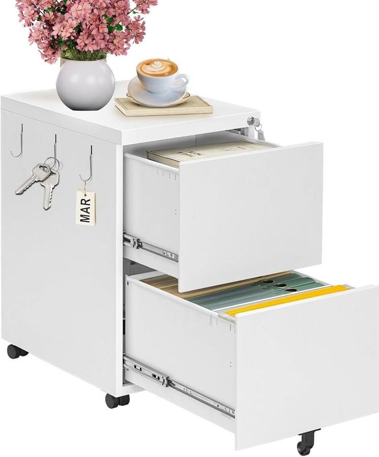 Signature Home Ladeblok Bureau archiefkast met 2 laden bureaukast afsluitbare kantoorcontainer met 5 wielen wit 39 x 52 x 67 cm